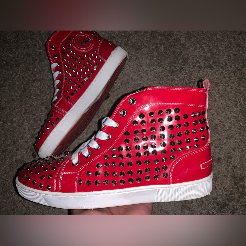Christian Louboutin Red Studded High-Top Sneakers